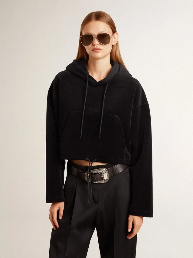 Schwarzes Chenille-Sweatshirt für Damen mit Stickerei auf der Rückseite
