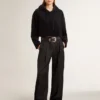 Schwarzes Chenille-Sweatshirt für Damen mit Stickerei auf der Rückseite