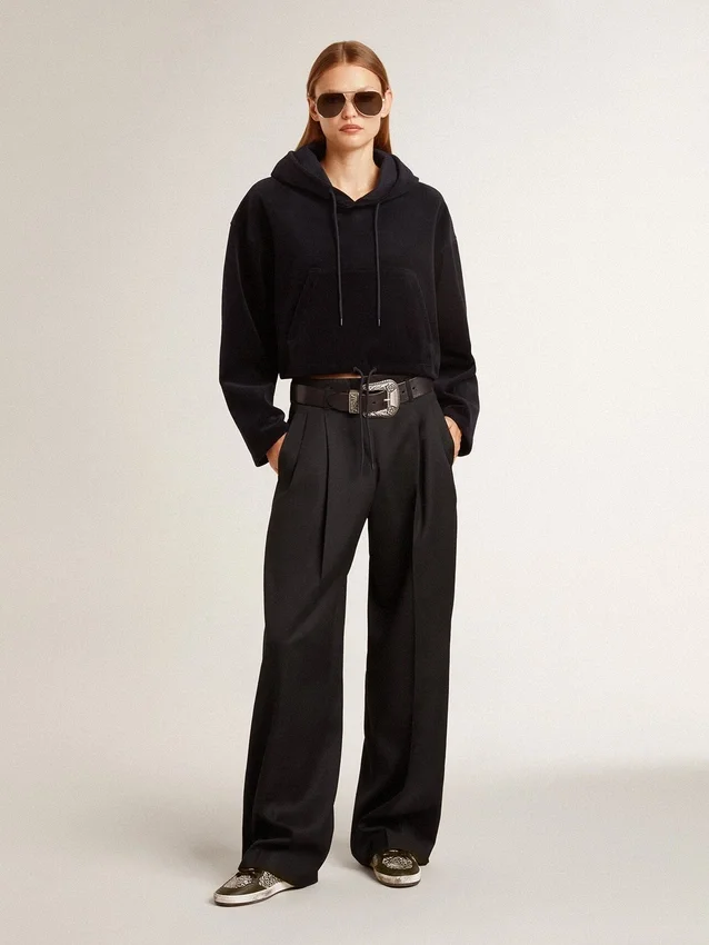 Schwarzes Chenille-Sweatshirt für Damen mit Stickerei auf der Rückseite