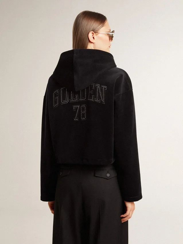 Schwarzes Chenille-Sweatshirt für Damen mit Stickerei auf der Rückseite
