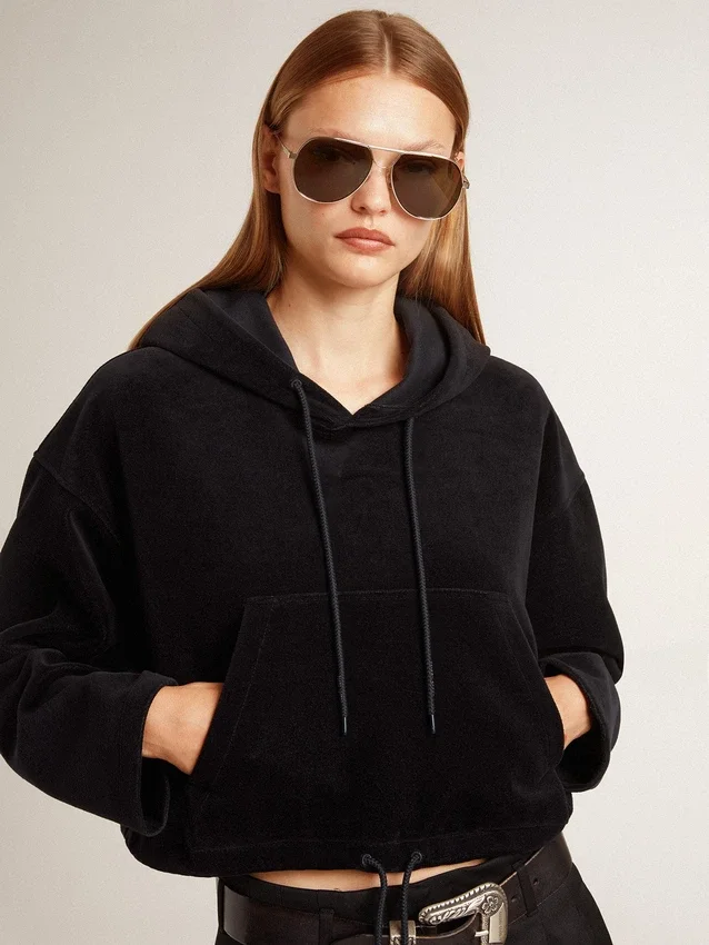 Schwarzes Chenille-Sweatshirt für Damen mit Stickerei auf der Rückseite