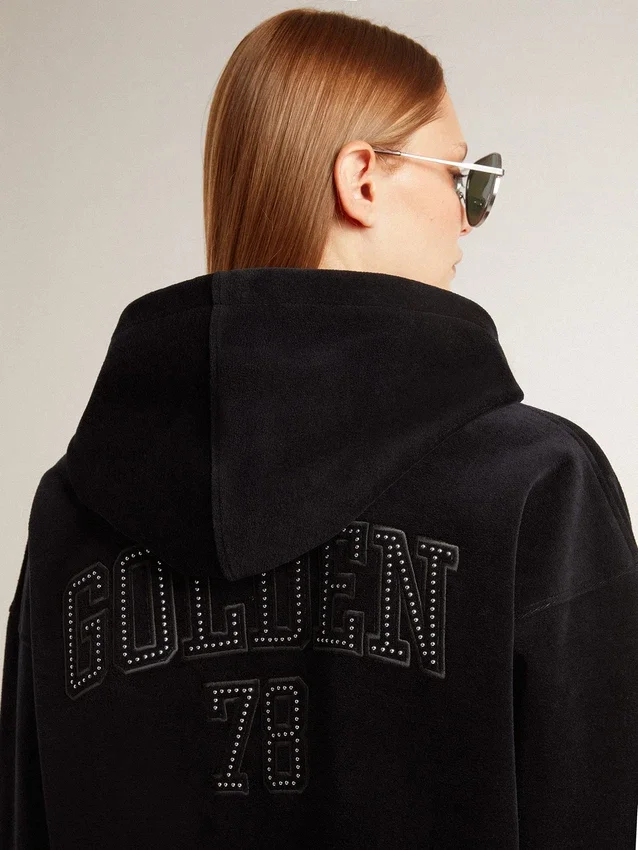 Schwarzes Chenille-Sweatshirt für Damen mit Stickerei auf der Rückseite