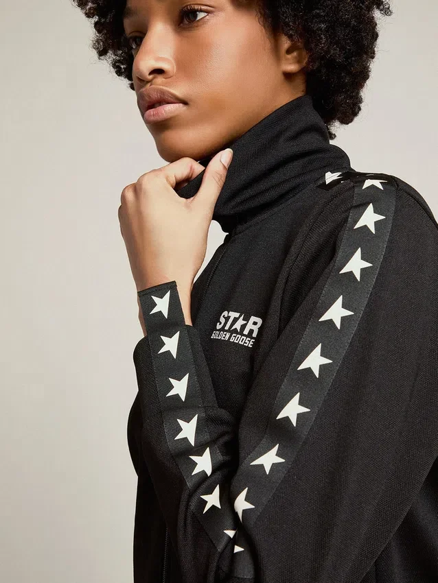 Schwarzes Damen-Sweatshirt mit Reissverschluss und weissen Sternen