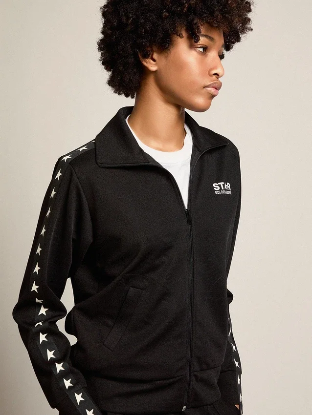 Schwarzes Damen-Sweatshirt mit Reissverschluss und weissen Sternen