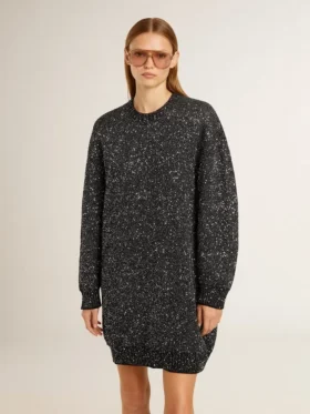 Schwarzes Damenkleid mit Rundhalsausschnitt und durchgehenden silbernen Pailletten
