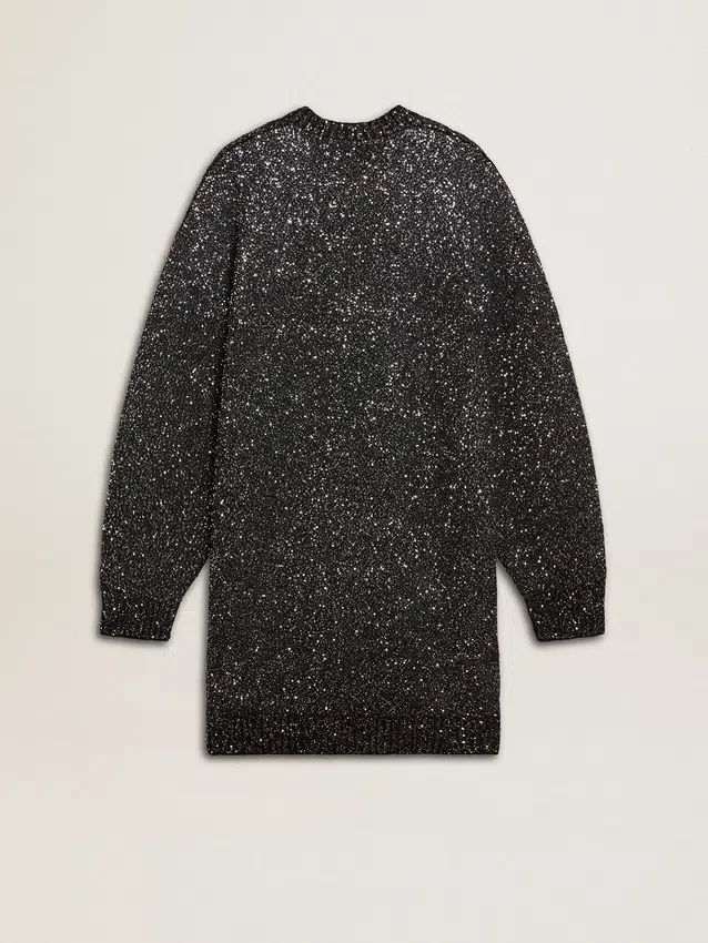 Schwarzes Damenkleid mit Rundhalsausschnitt und durchgehenden silbernen Pailletten