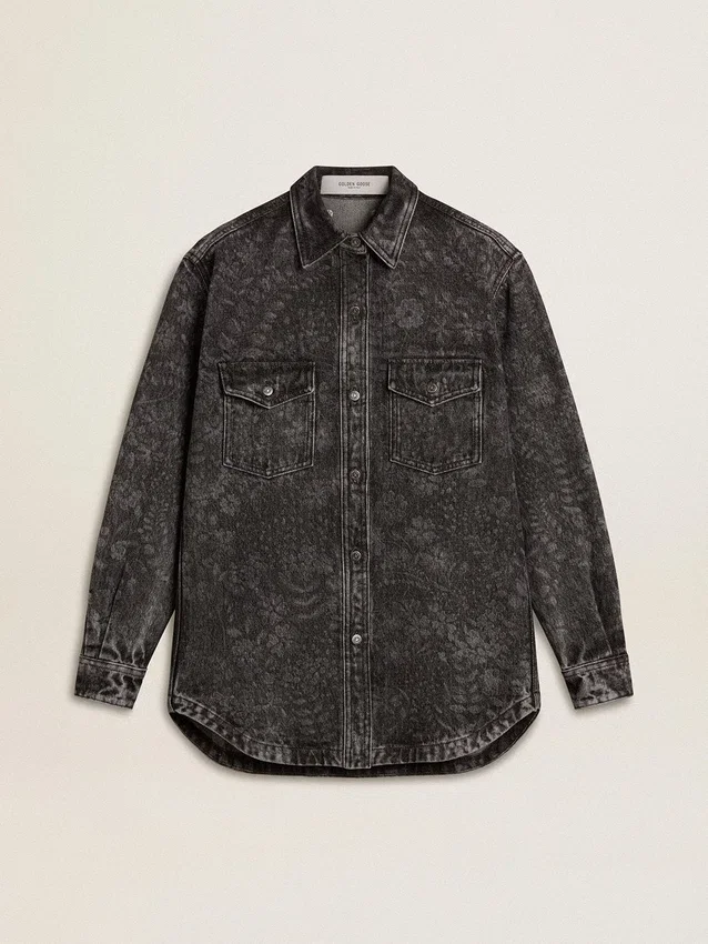 Schwarzes Denim-Hemd für Damen mit Ton-in-Ton-Blumenmuster