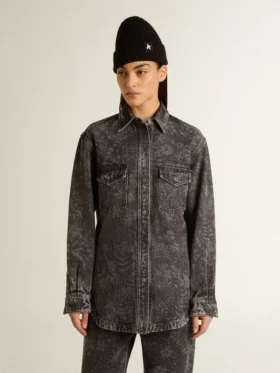 Schwarzes Denim-Hemd für Damen mit Ton-in-Ton-Blumenmuster
