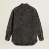 Schwarzes Denim-Hemd für Damen mit Ton-in-Ton-Blumenmuster