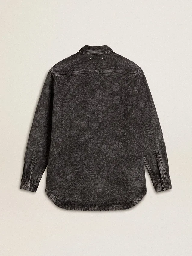 Schwarzes Denim-Hemd für Damen mit Ton-in-Ton-Blumenmuster