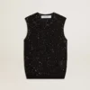 Schwarzes Mesh-Strickoberteil mit Pailletten und kontrastierenden Details