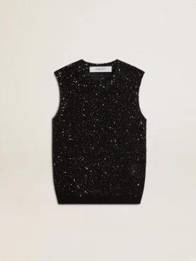 Schwarzes Mesh-Strickoberteil mit Pailletten und kontrastierenden Details