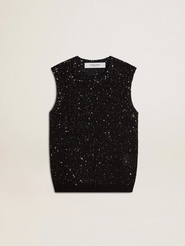 Schwarzes Mesh-Strickoberteil mit Pailletten und kontrastierenden Details