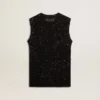 Schwarzes Mesh-Strickoberteil mit Pailletten und kontrastierenden Details