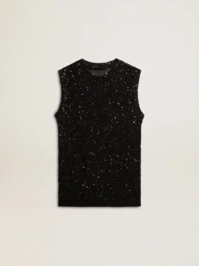 Schwarzes Mesh-Strickoberteil mit Pailletten und kontrastierenden Details