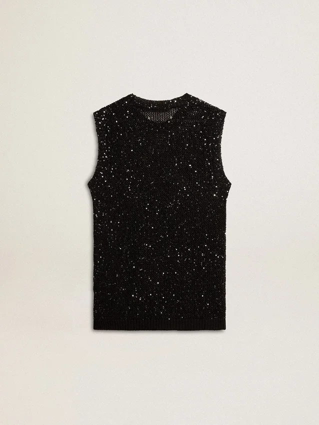Schwarzes Mesh-Strickoberteil mit Pailletten und kontrastierenden Details