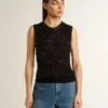 Schwarzes Mesh-Strickoberteil mit Pailletten und kontrastierenden Details