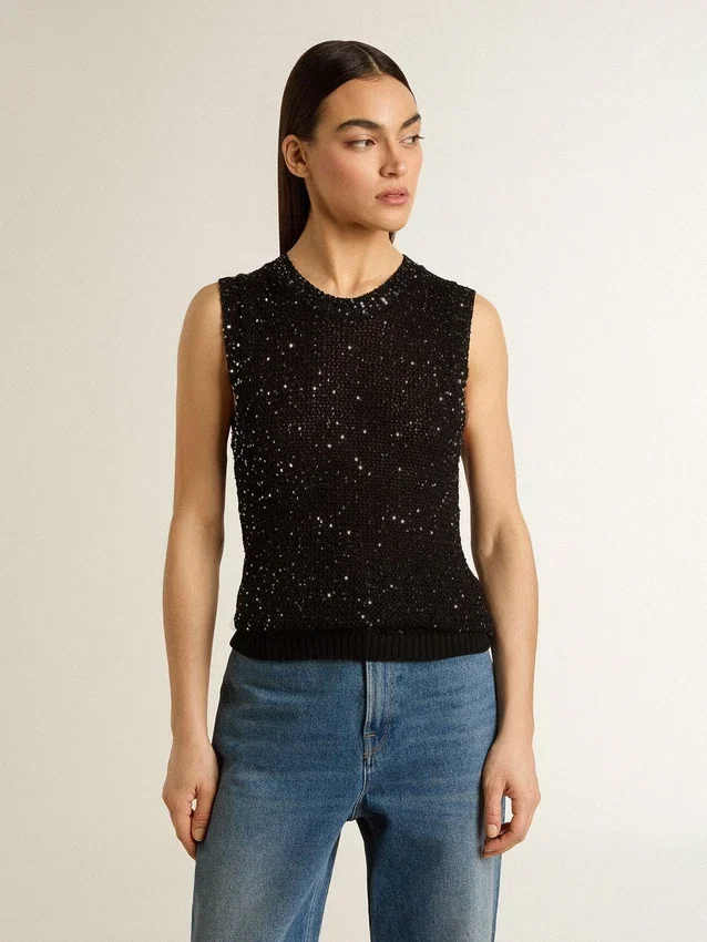 Schwarzes Mesh-Strickoberteil mit Pailletten und kontrastierenden Details