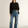 Schwarzes Mesh-Strickoberteil mit Pailletten und kontrastierenden Details