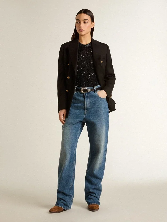 Schwarzes Mesh-Strickoberteil mit Pailletten und kontrastierenden Details