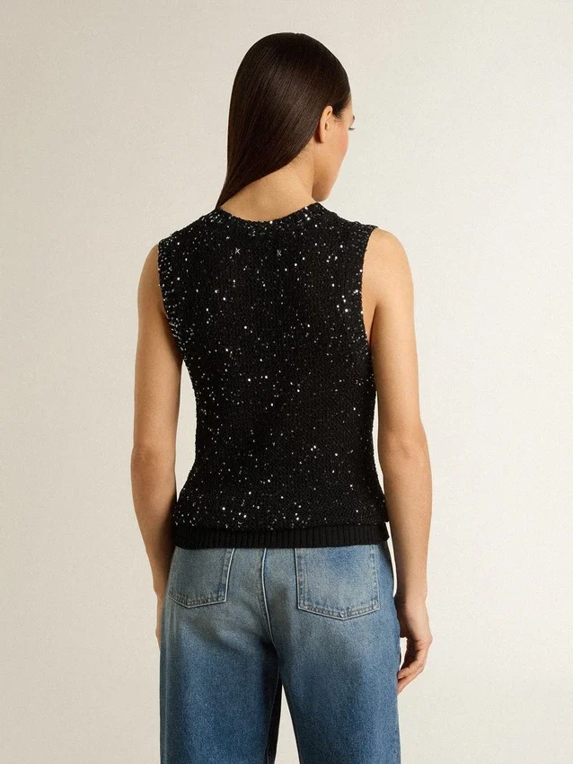 Schwarzes Mesh-Strickoberteil mit Pailletten und kontrastierenden Details