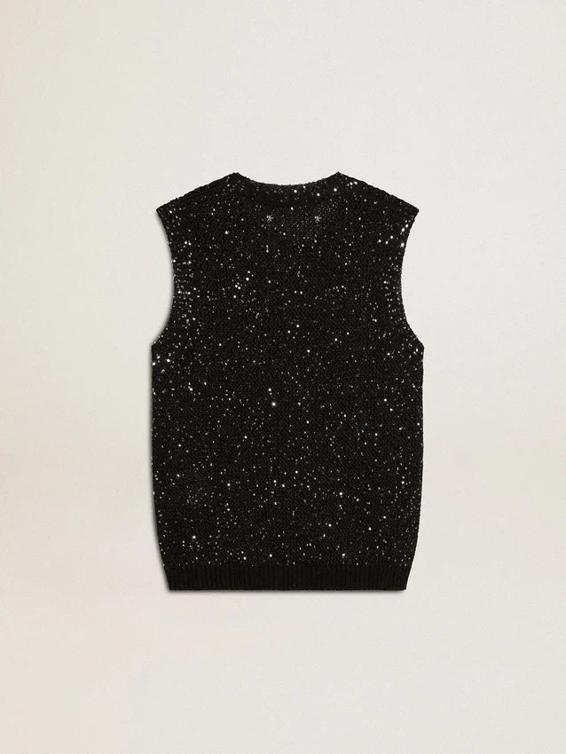 Schwarzes Mesh-Strickoberteil mit Pailletten und kontrastierenden Details