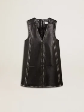 Schwarzes Nappa-Lederkleid für Damen mit Nieten