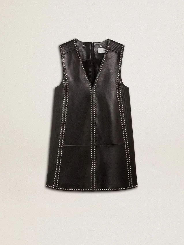 Schwarzes Nappa-Lederkleid für Damen mit Nieten