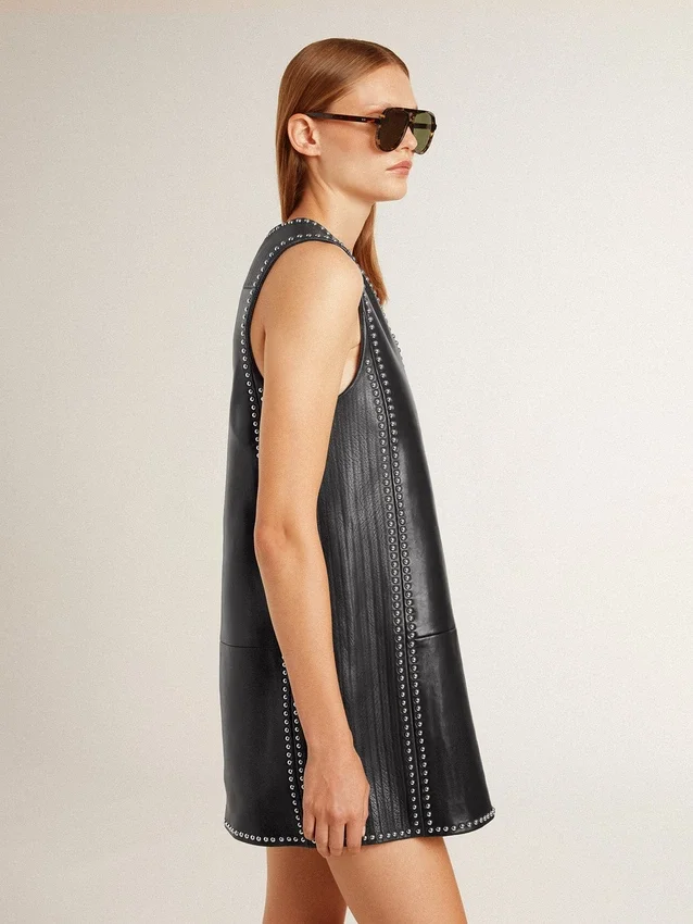Schwarzes Nappa-Lederkleid für Damen mit Nieten