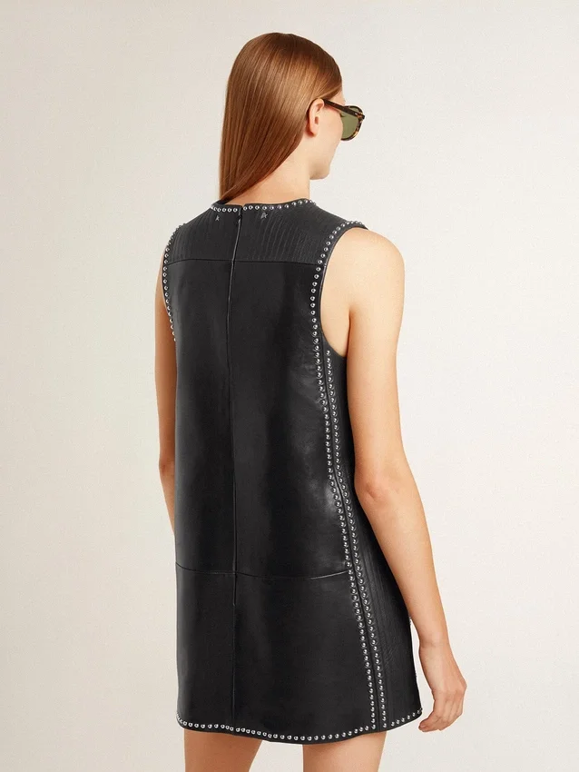 Schwarzes Nappa-Lederkleid für Damen mit Nieten