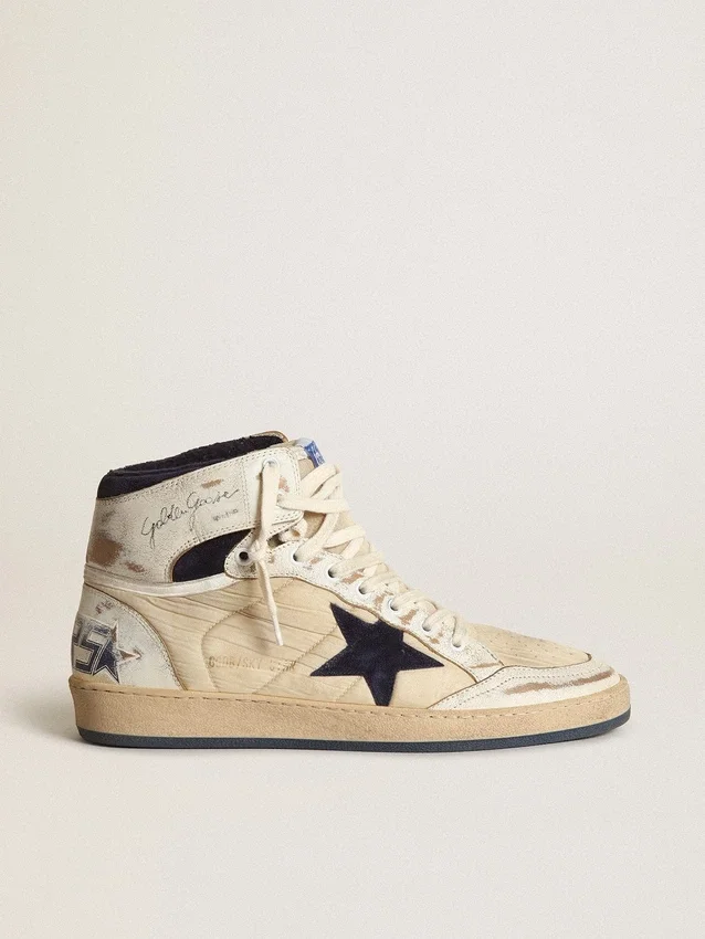 Sky-Star für Herren aus cremefarbenem Nylon und Leder mit blauem Stern aus Wildleder