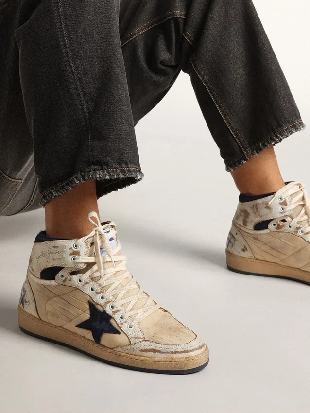 Sky-Star für Herren aus cremefarbenem Nylon und Leder mit blauem Stern aus Wildleder