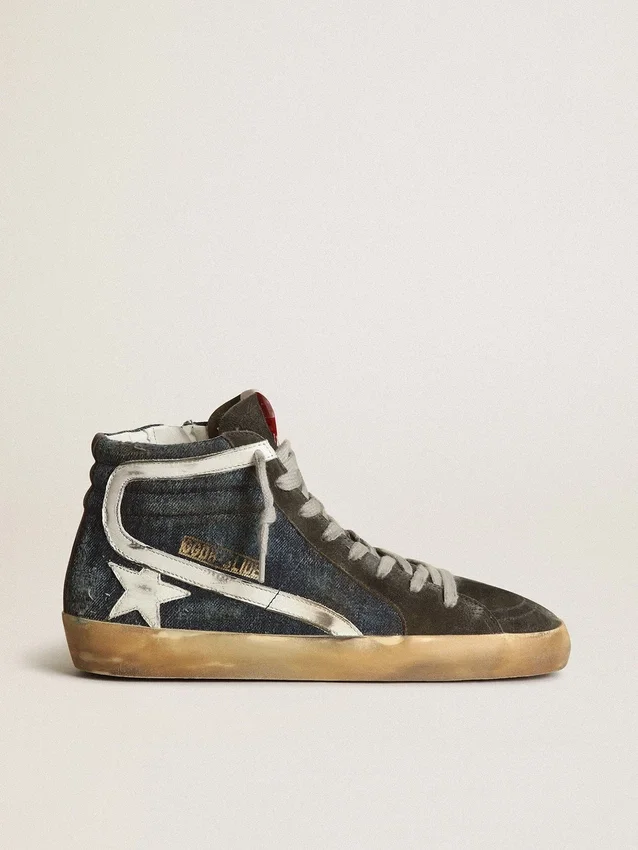 Slide aus mitternachtsblauem Denim mit weissem Lederstern