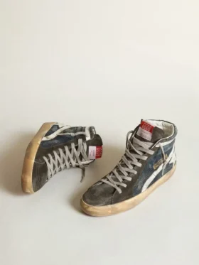 Slide aus mitternachtsblauem Denim mit weissem Lederstern