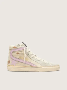 Slide in Beige mit rosa Metallic-Lederstern und Glitzer