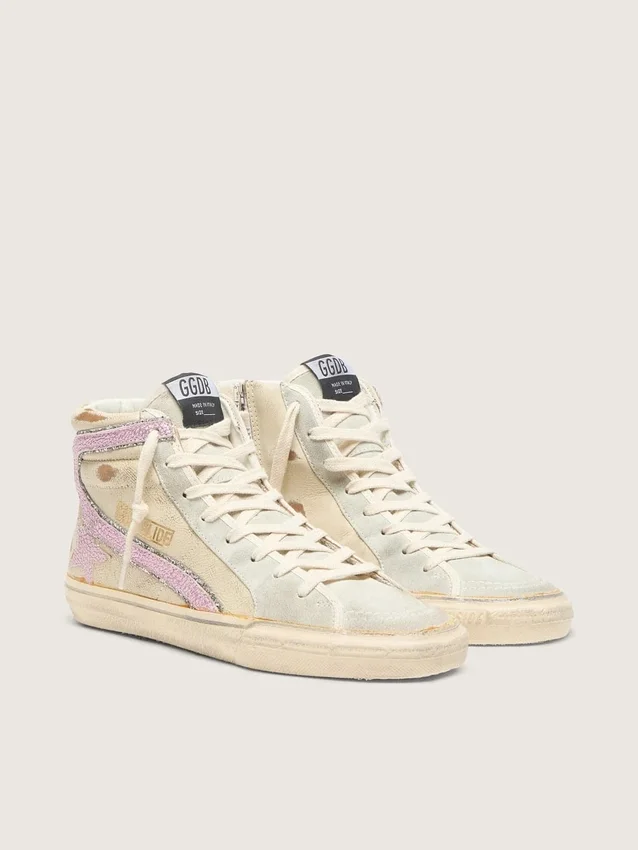 Slide in Beige mit rosa Metallic-Lederstern und Glitzer
