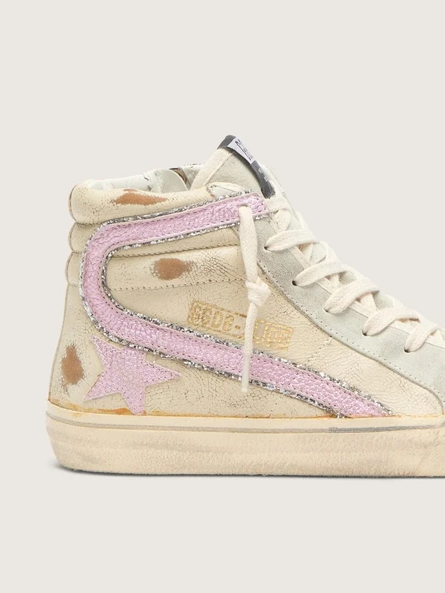 Slide in Beige mit rosa Metallic-Lederstern und Glitzer