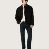Gepolsterte Herren-Kurzjacke aus schwarzer Baumwolle mit Lederkragen