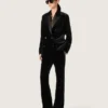 Slim-Fit-Hose für Damen mit ausgestelltem Bein aus schwarzem Baumwollsamt