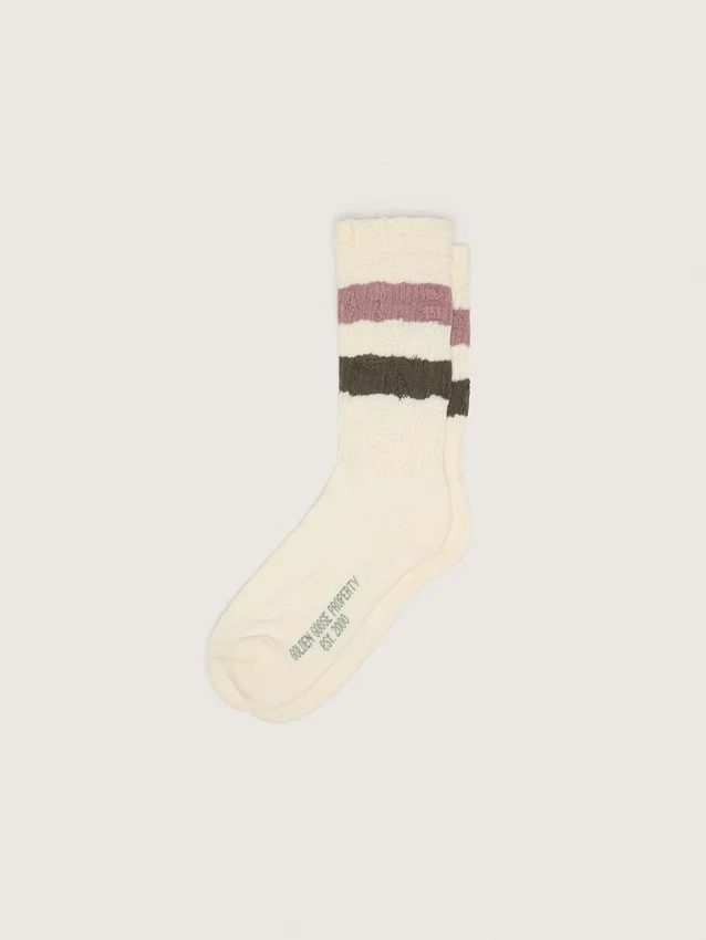 Socken in gealtertem Weiss mit mehrfarbigen Streifen