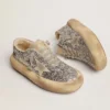 Space-Star-Schuhe für Frauen in silbernem Glitzer mit Lammfellfutter