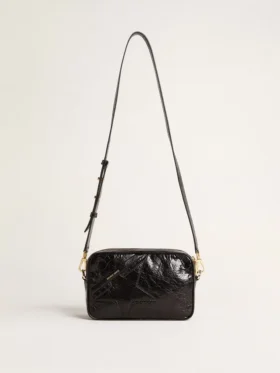 Star Bag aus glänzendem schwarzem Leder mit Ton-in-Ton-Stern
