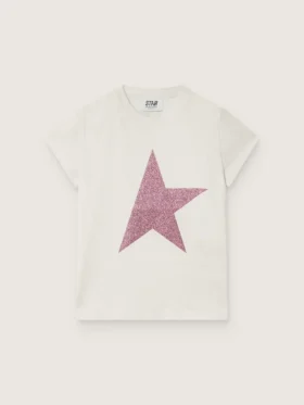 «Star»-Mädchen-Hemd aus weissem Baumwolljersey mit rosa Glitzerstern