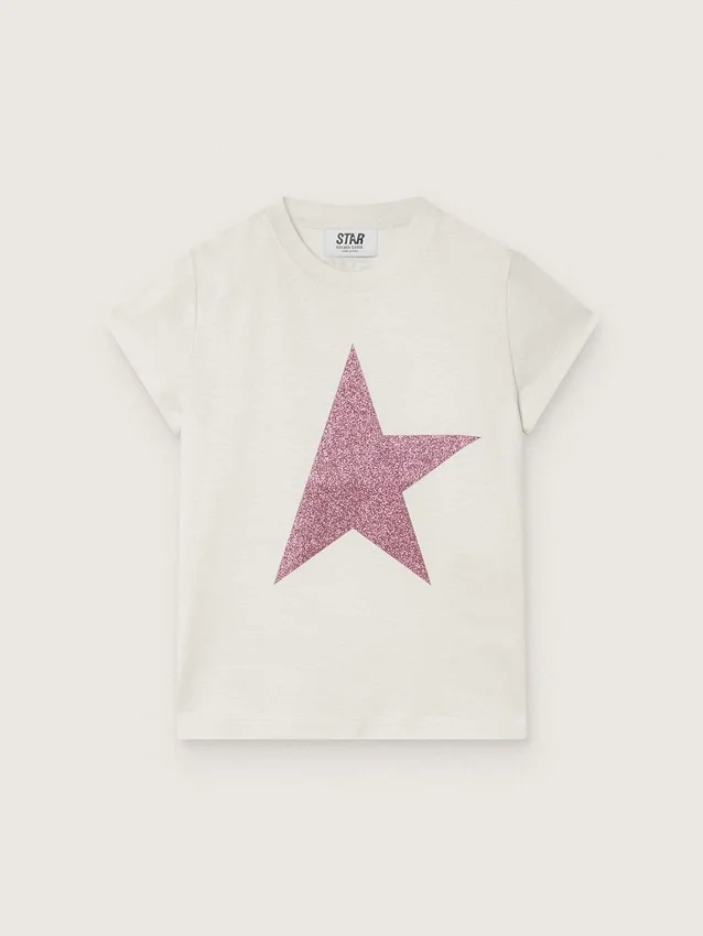 «Star»-Mädchen-Hemd aus weissem Baumwolljersey mit rosa Glitzerstern