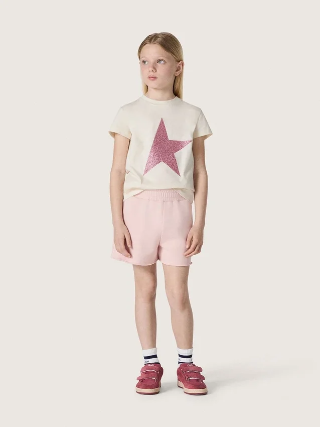 «Star»-Mädchen-Hemd aus weissem Baumwolljersey mit rosa Glitzerstern
