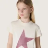 «Star»-Mädchen-Hemd aus weissem Baumwolljersey mit rosa Glitzerstern