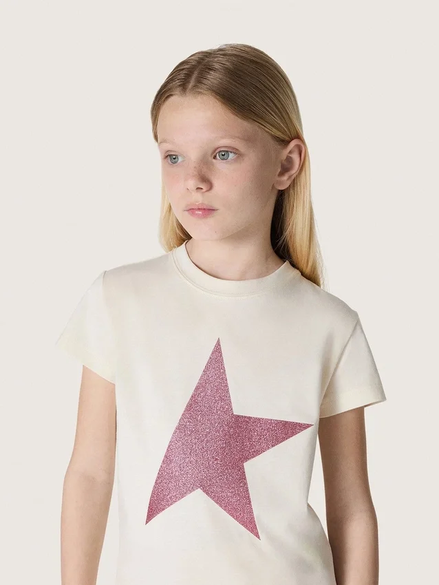 «Star»-Mädchen-Hemd aus weissem Baumwolljersey mit rosa Glitzerstern