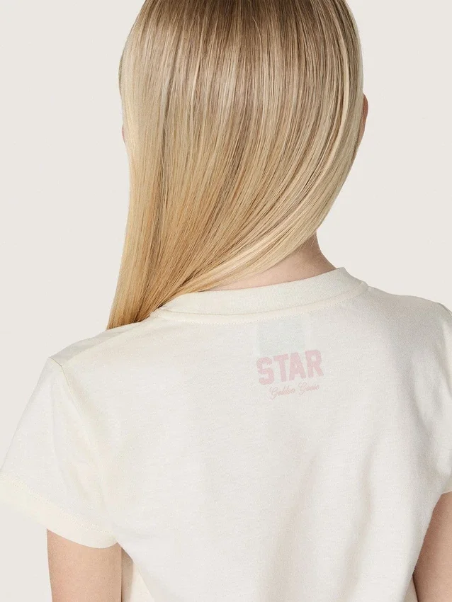 «Star»-Mädchen-Hemd aus weissem Baumwolljersey mit rosa Glitzerstern