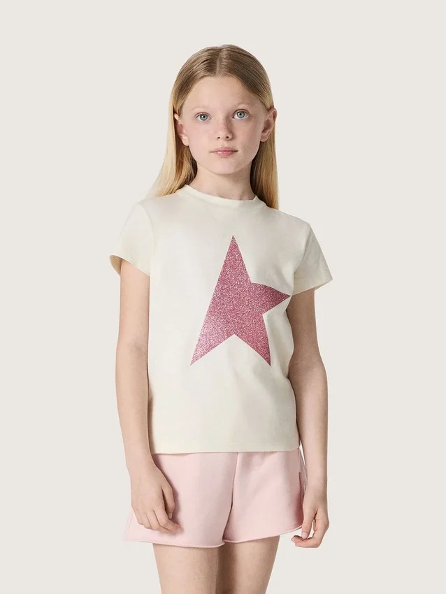 «Star»-Mädchen-Hemd aus weissem Baumwolljersey mit rosa Glitzerstern