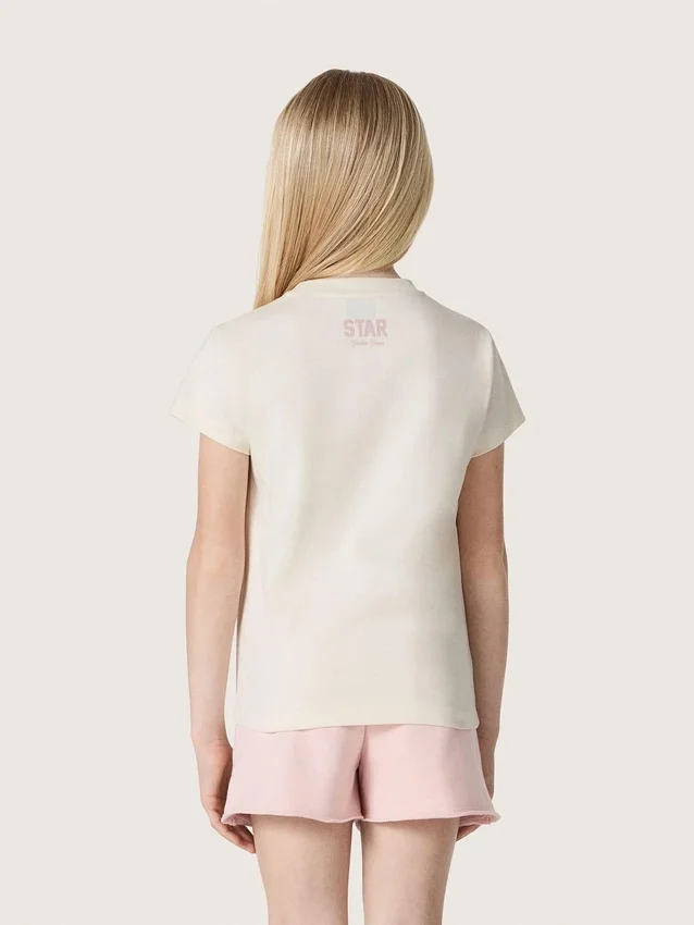 «Star»-Mädchen-Hemd aus weissem Baumwolljersey mit rosa Glitzerstern